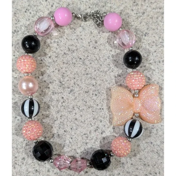 Chunky‎ Pink Bow Black Pink Bead Necklace Ring Toggle Clasp