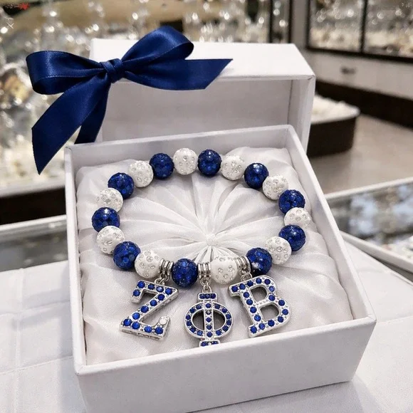 Zeta Phi Beta Bracelet Blue and White Beaded rhinestone‎ with Logo