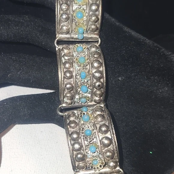 Vintage‎ Silver Tone Arched Link Bracelet Turquoise Bead Southwestern Boho Hook