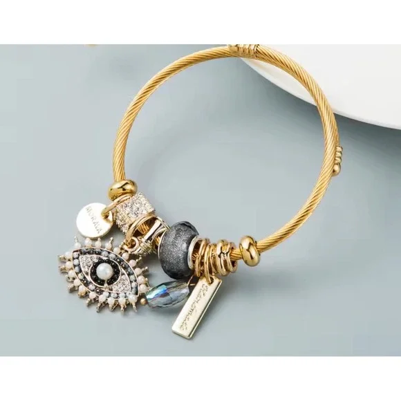 Moraia Gold Tone Evil Eye Cable Bangle Bracelet Crystal Charm Talisman Boho