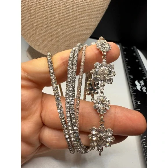 Silver Tone Rhinestone Bracelet Set 4pc Floral Link Stretch Tennis Bangle Clear‎