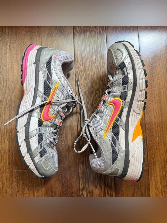 Nike Women's Grey Running Sneakers with Pink & Yellow Accents Size 7