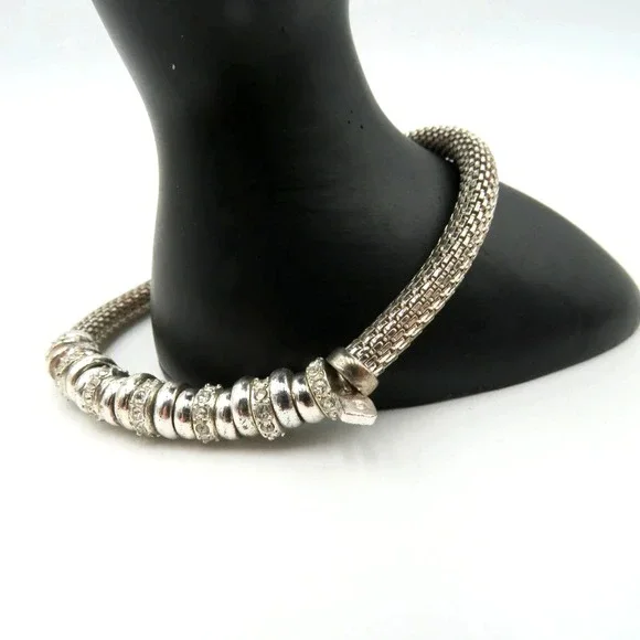 Silver Tone Mesh Chain‎ Bracelet Crystal Rhinestone Beads Charm Womens Fashion