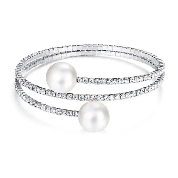 Cara NY Silver Tone Rhinestone‎ Faux Pearl Coil Wrap Bypass Bracelet Womens
