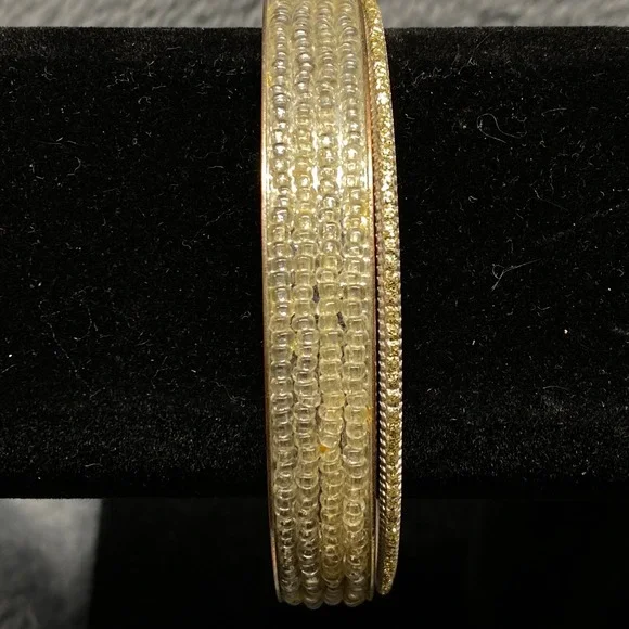 Beaded‎ Bangle Bracelet Set Gold Tone Clear Seed Beads Stacking Bangles Women