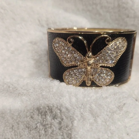 Gold Tone Rhinestone‎ Butterfly Black Faux Leather Inlay Hinge Cuff Bracelet