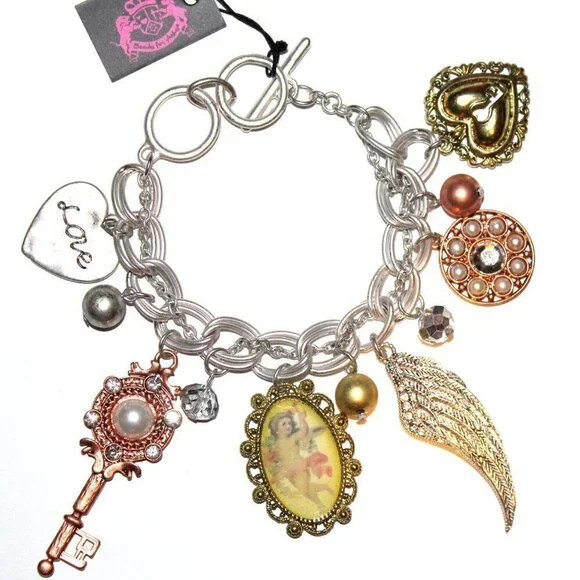 Pearl Crystal Heart Love Angel Wing Key Charm 3 Tri Tone Ring Toggle Bracelet