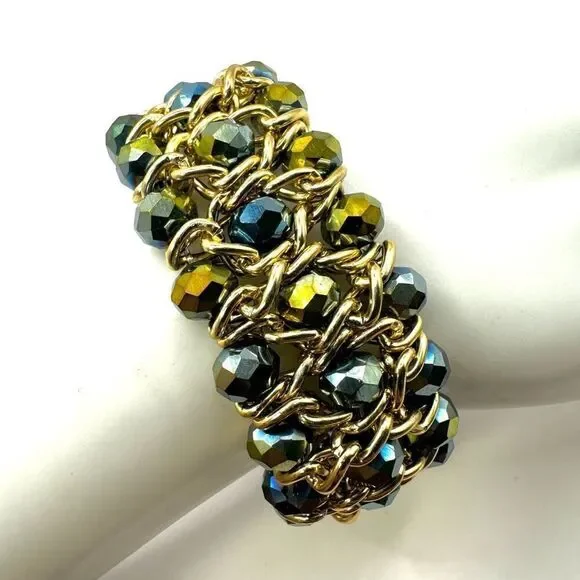 Gold tone and blue beaded stretchy bracelet