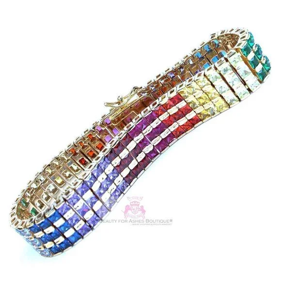 Multicolor Rainbow Yellow Gold Plated Gods Promise Triple Row Gala Bracelet 7.5