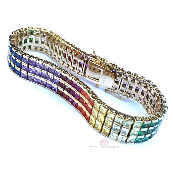 Multicolor Rainbow Yellow Gold Plated Gods Promise Triple Row Bracelet 7.25