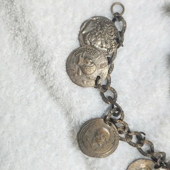 Vintage Coin Charm Bracelet Hercules Medallion Brass Tone Ornate‎ Chain AS IS