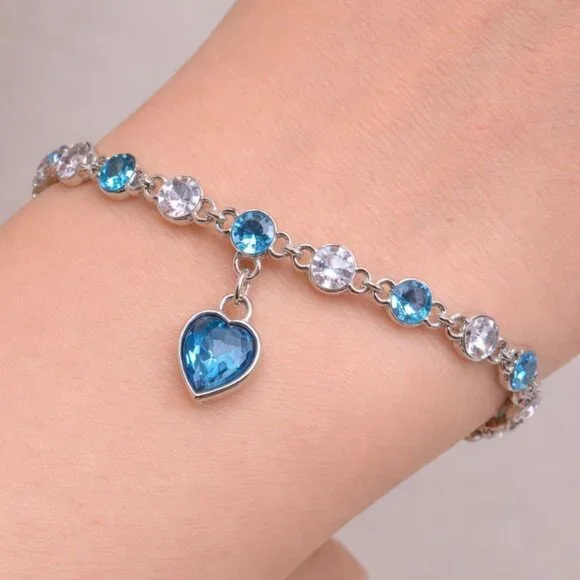 Vintage Swarovski Crystal Bracelet Aquamarine Blue Clear Heart Charm Sterling Ov