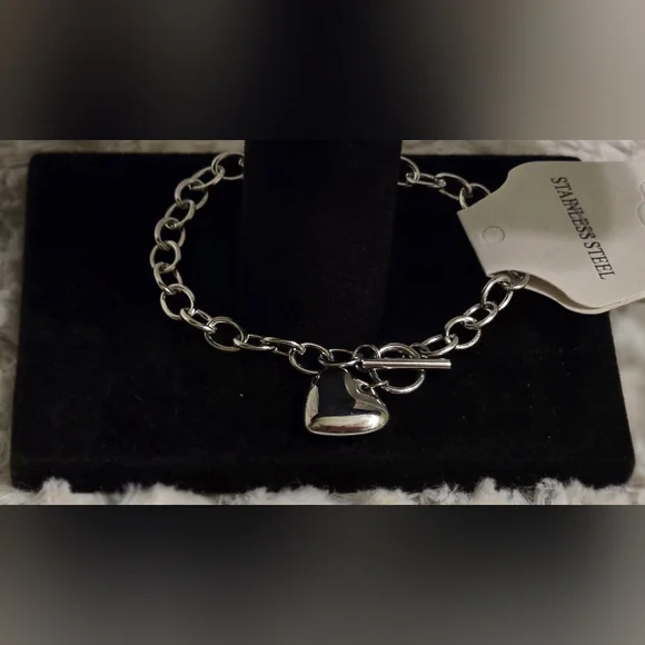 Stainless Steel White Gold Overlay‎ Bracelet With Heart Charm 7