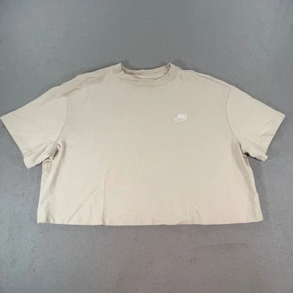 Nike Sportswear Essential Cropped Tee Beige Embroidered Logo Women's Large