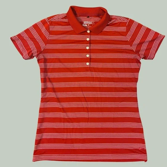 Nike Golf Tour Performance Dri-Fit Striped Polo Shirt Red White Womens XL