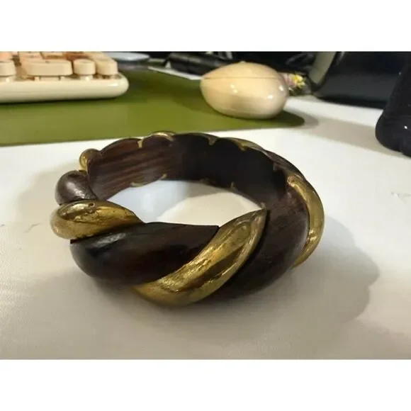 Vintage Chunky Twisted Wood & Brass Bangle Bracelet Heavy Rope 60-70s Tribal MCM