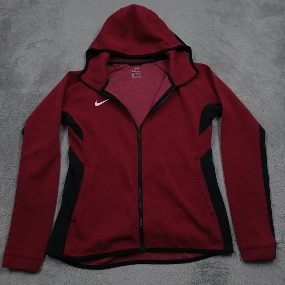 Nike Jacket Womens Medium Red Dri Fit Hooded Full Zip Casual