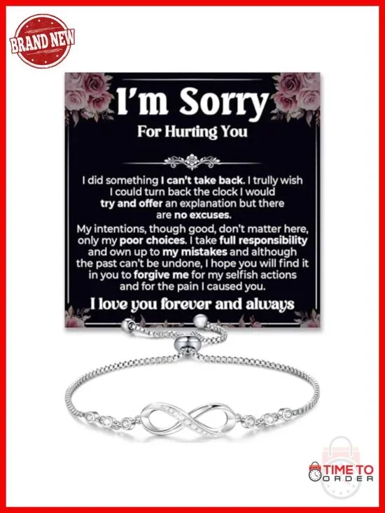 Apology Gifts for Her - Sorry Bracelet with Infinity Charm, White Gold Plated