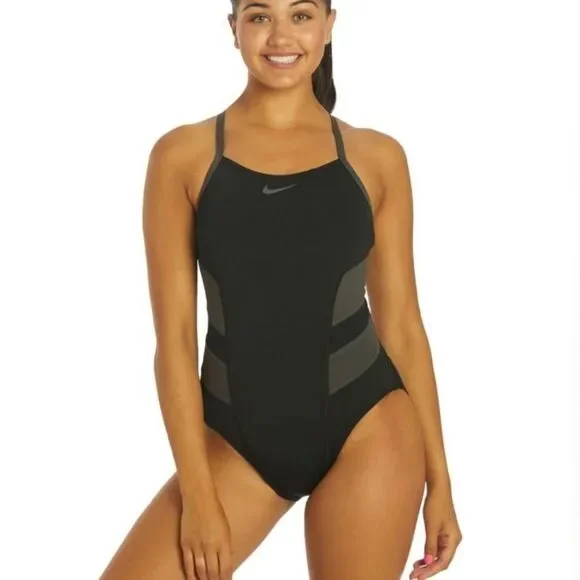 Nike Hydrastrong Black Color Block Racerback One Piece Swimsuit Size 6