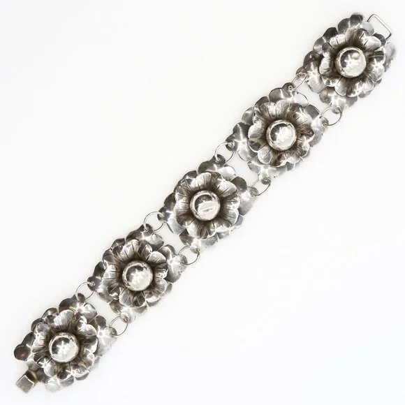 Vintage Mexican Silver Large Cabbage Floral Five Link‎ Chunky Bracelet 1940s