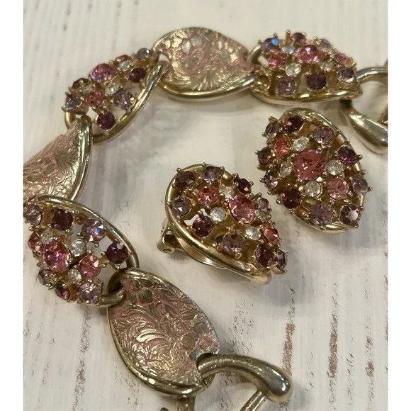 Vintage Rhinestone Enamel Bracelet Earrings Pink Purple Gold Floral Demi Parure‎