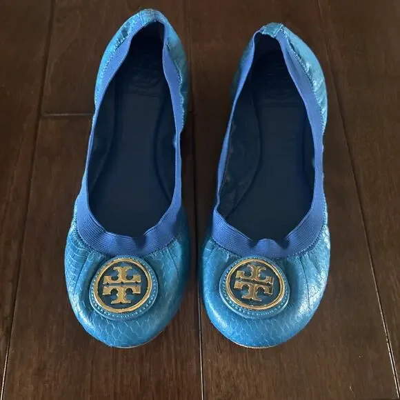 Tory Burch Caroline Snakeskin Print Turquoise Blue Leather Ballet Flats 7.5 M