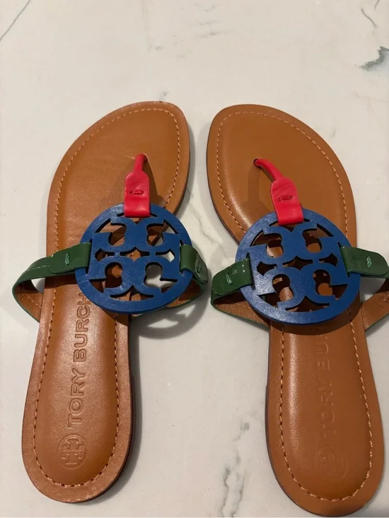Tory Burch Brown Leather Sandals with Blue Logo, Green Straps & Red Accents