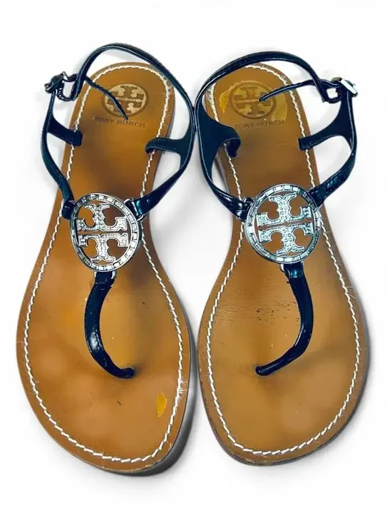 Tory Burch Violet Black Patent Rhinestone Logo Thong Sandals Size 10