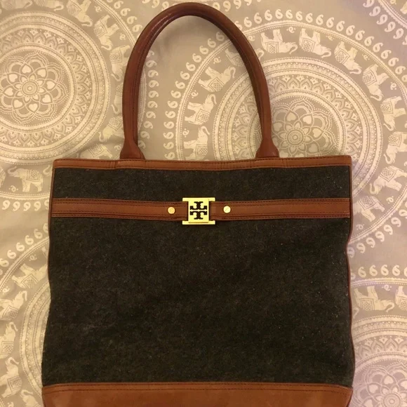 Tory Burch Brown Leather & Charcoal Felt Tote