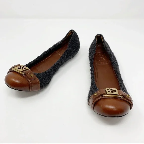 Tory Burch Brown Leather & Charcoal Wool Logo Ballet Flats