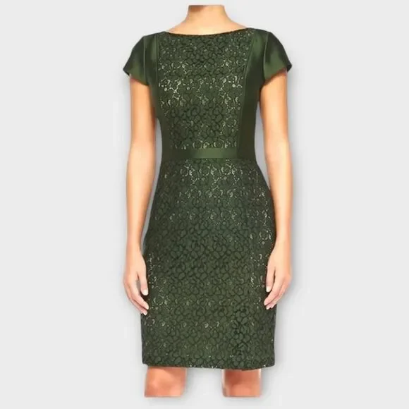 Tory Burch Mariana Sheath Dress Women's 6 Green Wool Silk Satin Lace Accent