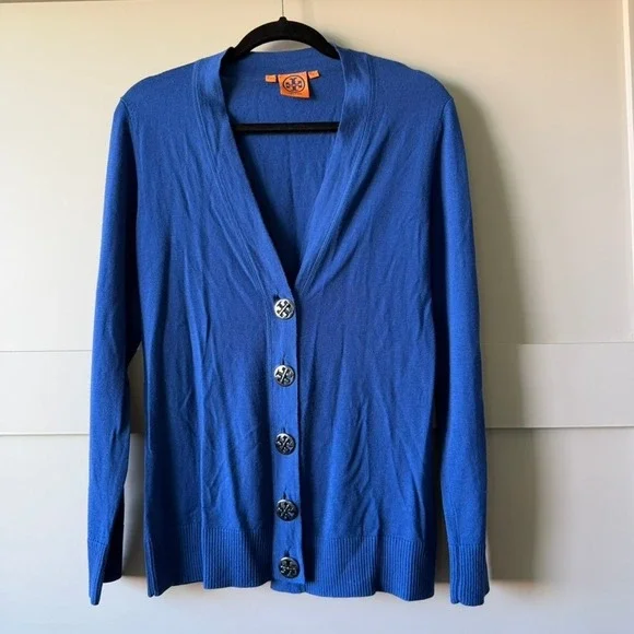 Tory Burch Cardigan Women Large Blue Merino Wool Logo Button V-Neck Sweater