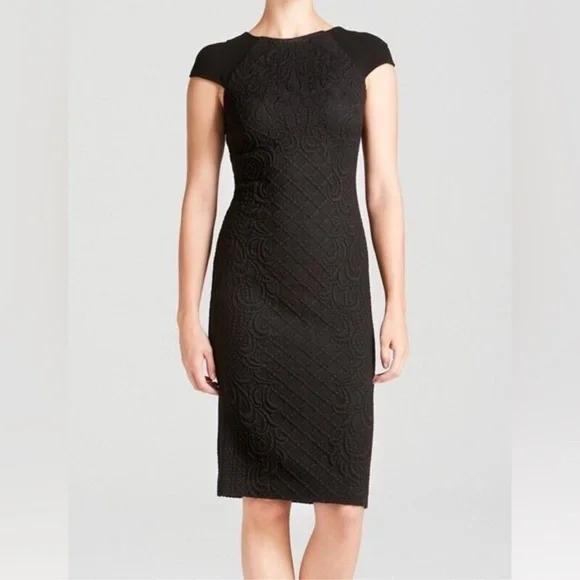 Tory Burch Kiersten Brocade Wool Blend Cap Sleeve Dress Black Medium Cocktail