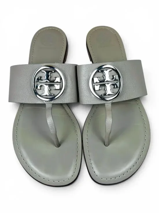 Tory Burch Benton Band Gray Heron Silver Leather Thong Sandals Size 10