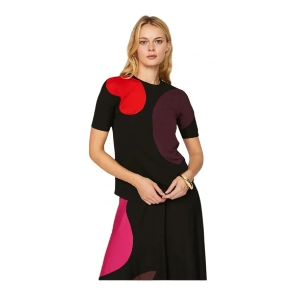 Tory Burch Colorblock Knit Top Shoulder Zipper in Black Red Burgundy Size 6
