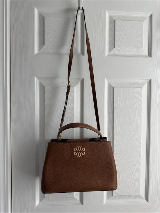 Tory Burch Brown Pebbled Leather Satchel with Top Handle & Adjustable Strap