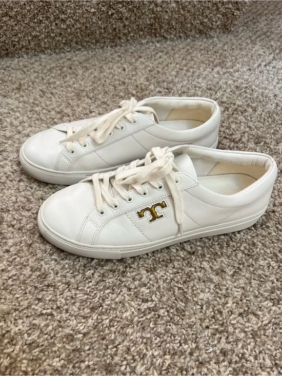 Tory Burch Cream Leather Logo-Detail Sneakers