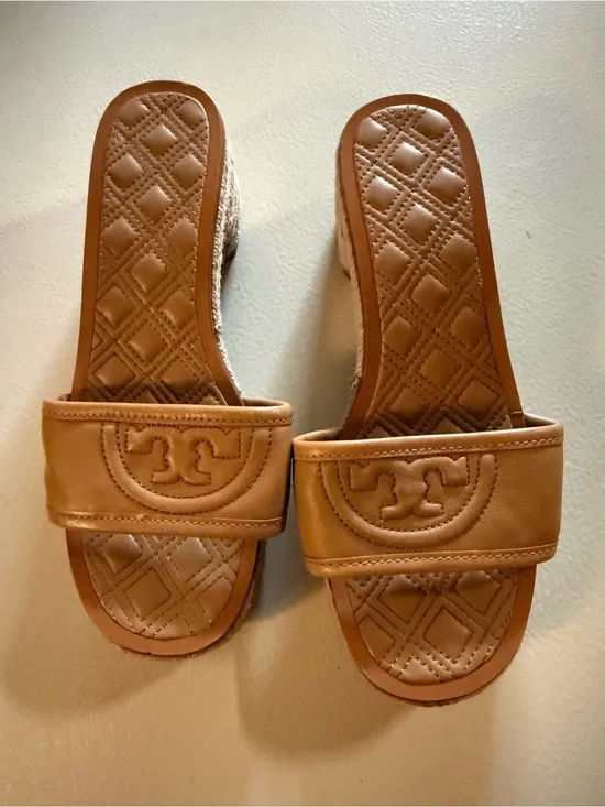 Tory Burch Fleming Espadrille Wedge Slides - Tan, Size 6.5