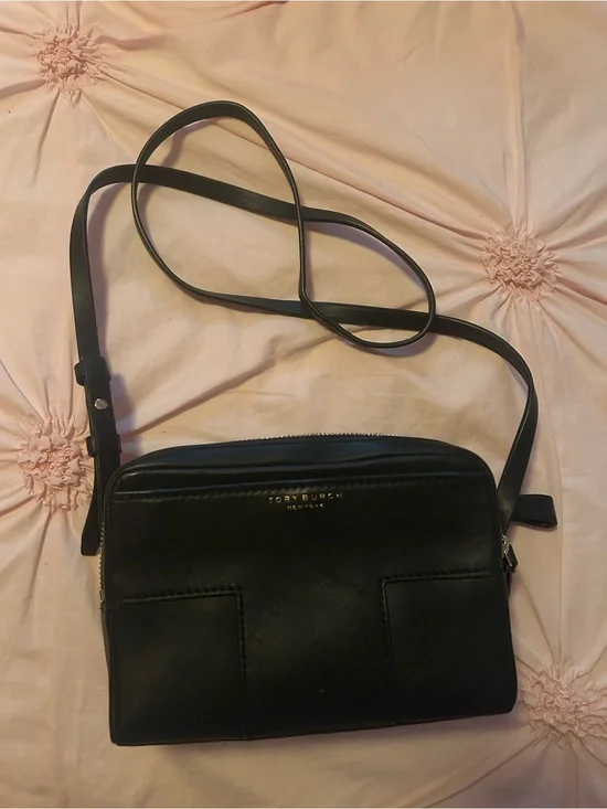 Tory Burch Black Leather Slim Crossbody with Gold Logo