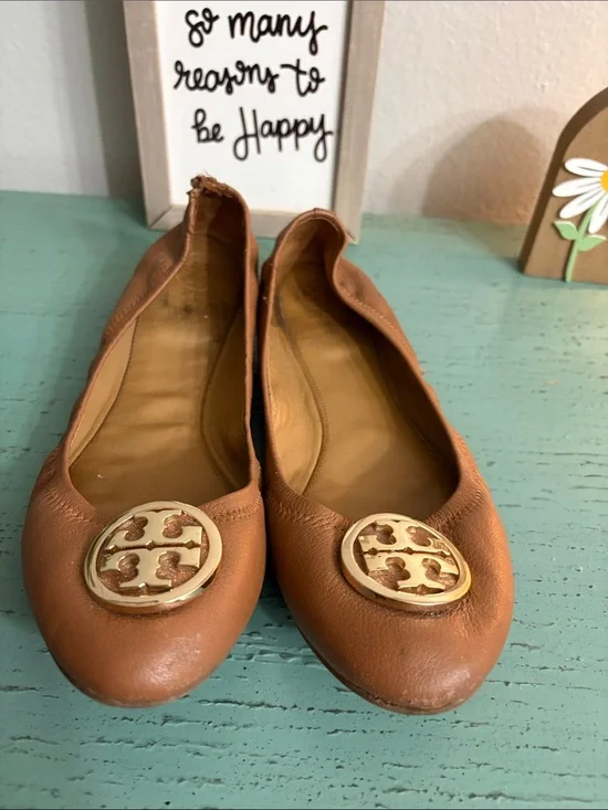 Tory Burch Tan Leather Ballet Flats with Gold Logo Medallion