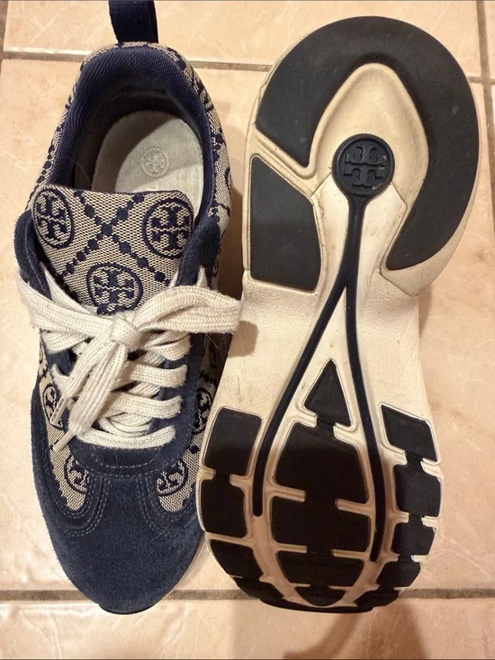 Tory Burch Navy and Beige Logo Running Sneakers