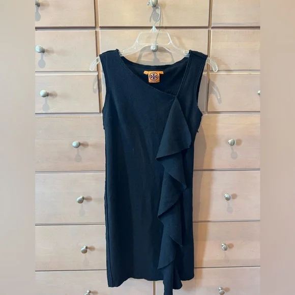 Tory Burch Asymmetrical Ruffled Black Sheath Dress. Size XS.