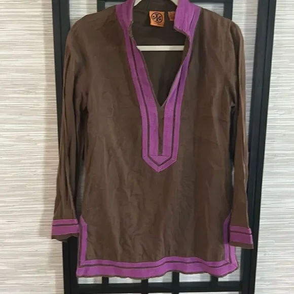 Tory Burch brown and purple lightweight cotton tunic top size 6