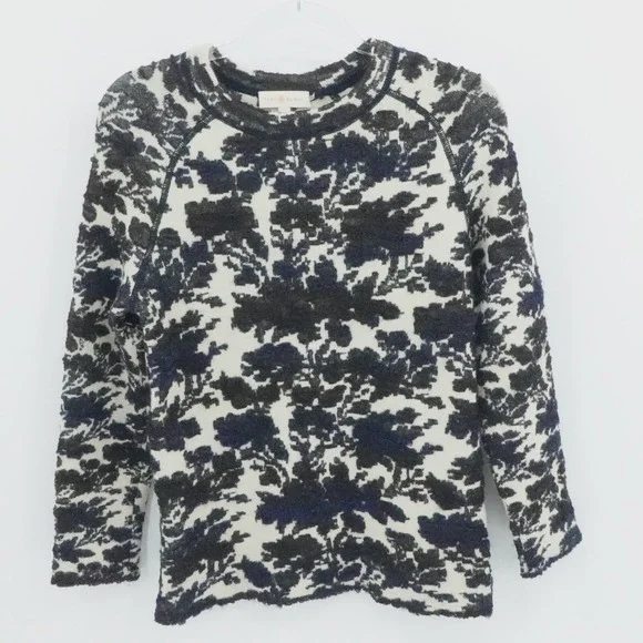 Tory‎ Burch Sweater Womens XS Ivory Floral Jacquard Wool Mohair Blend Fuzzy Cozy