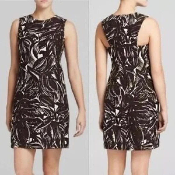 Tory Burch Black and White Leaf-Print Sleeveless Shift Dress