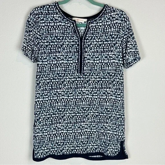 Tory Burch Linen Indigo Beaded Short Sleeve Tunic S