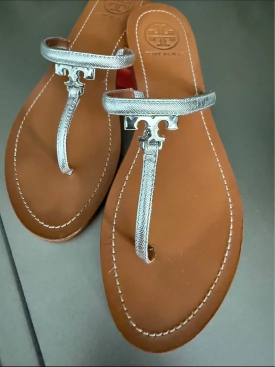 Tory Burch Metallic Silver Miller T-Strap Sandals with Tan Footbed