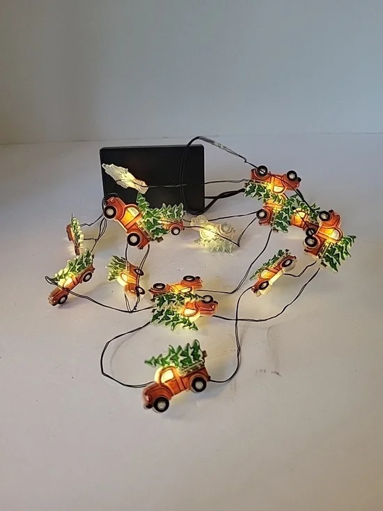 Holiday String Lights with Red Farmhouse Truck and Green Tree Accents 5ft 15 Lt.