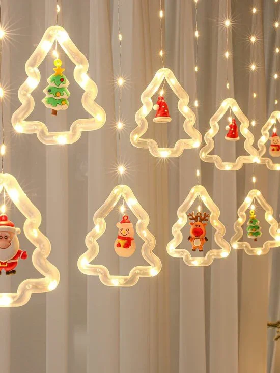Christmas Window Curtain Lights 10 Ornaments 120 LED Battery Operated Warm White
