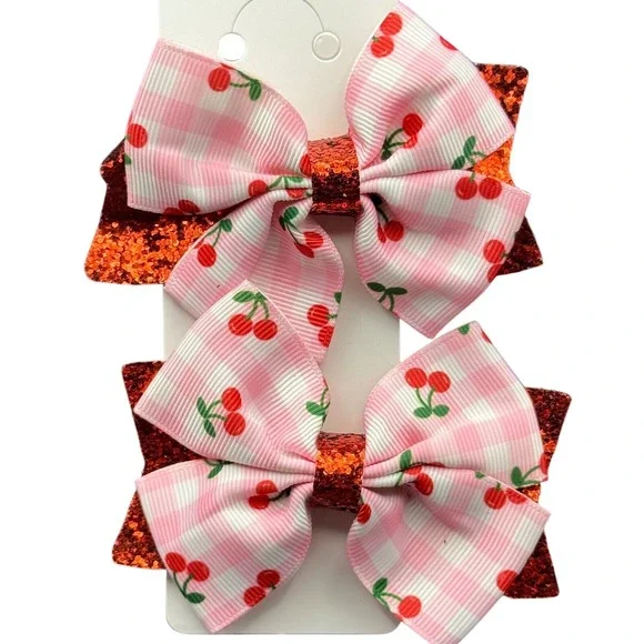 Girls Pink Gingham Cherry Hair Bows Red Glitter Alligator Clips 2 Pack Set‎